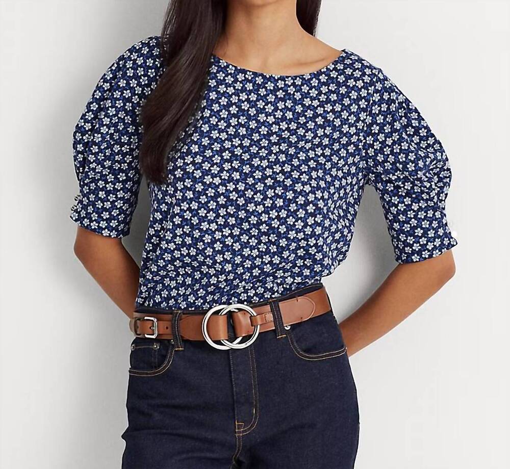NEW RALPH LAUREN slub jersey puff-sleeve top in floral blue